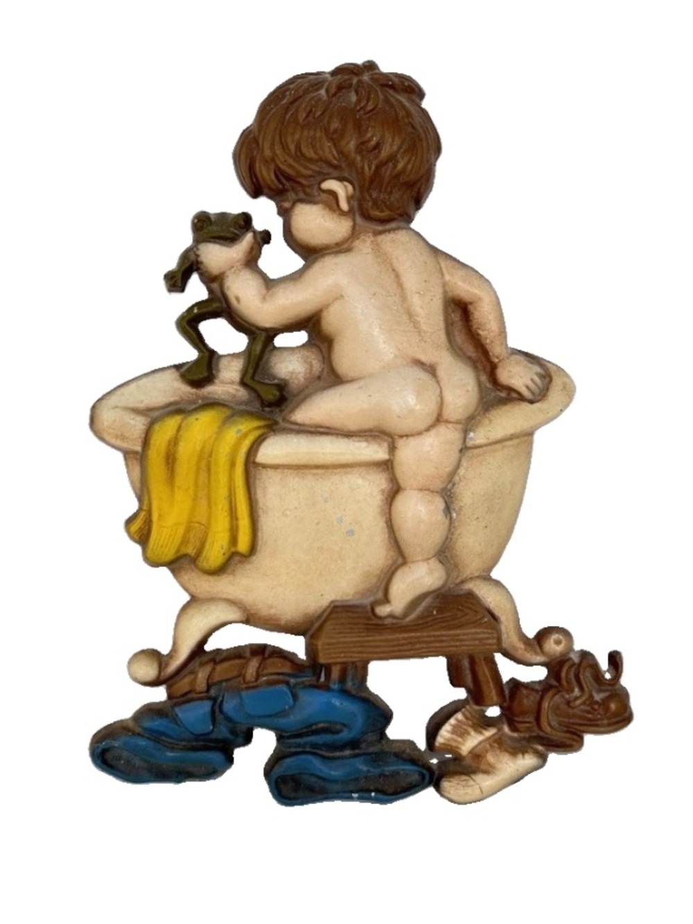 Vintage 1975 Sexton Wall Hanging Boy In Bathtub Frog Metal Art Bathroom Decor